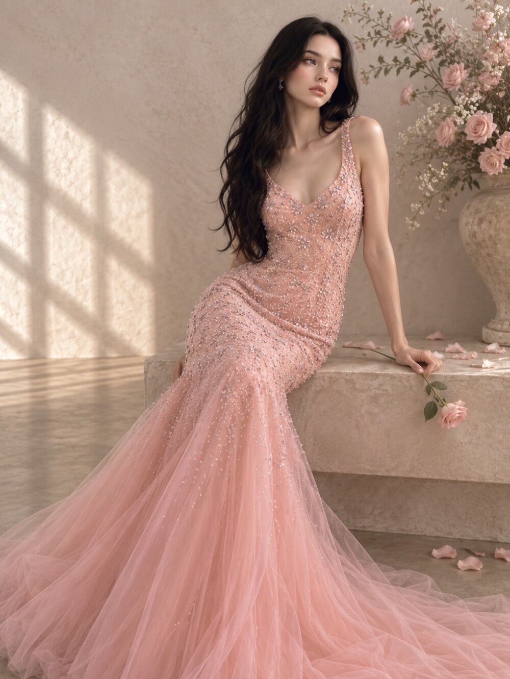 Blush Pink Rhinestone Mermaid Prom Gown Size 10 ✨ Beaded Tulle Formal Dress CC